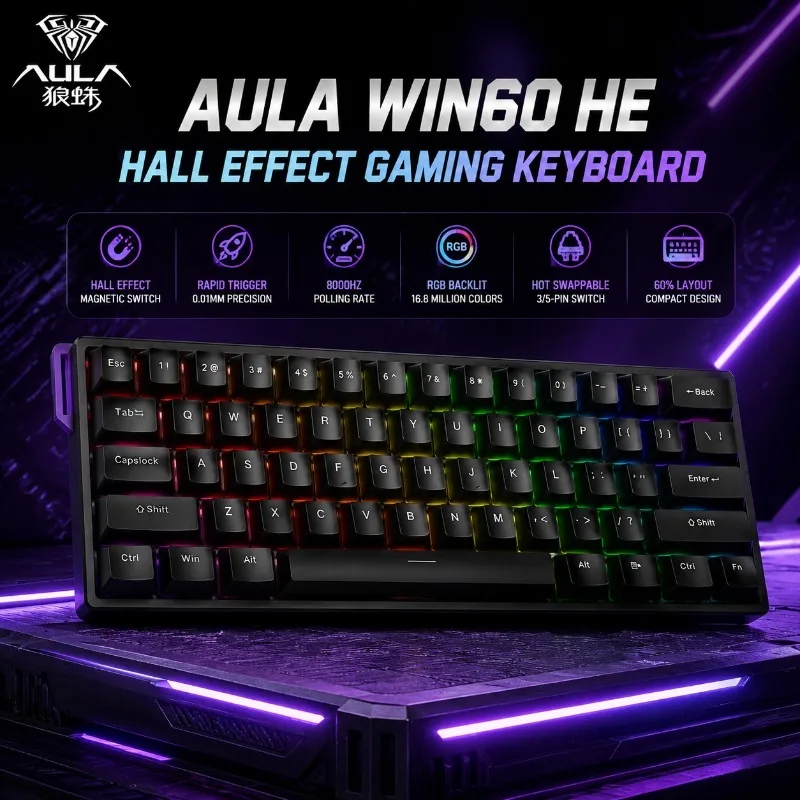 Gaming Keyboard Hall Effect Switches - Teclado Gamer AULA WIN60 HE com